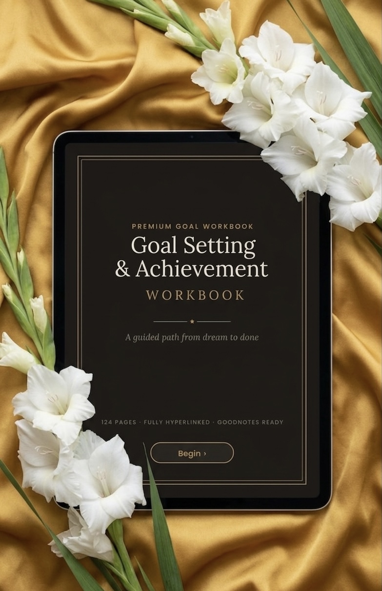Goal Setting & Achievement töövihik tahvelarvuti ekraanil lillede keskel