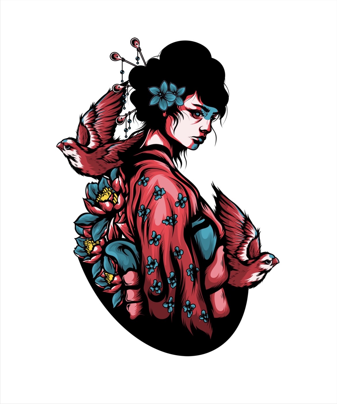 Digitaalne kunstitrükk geisha ja lindudega, PNG-fail allalaadimiseks